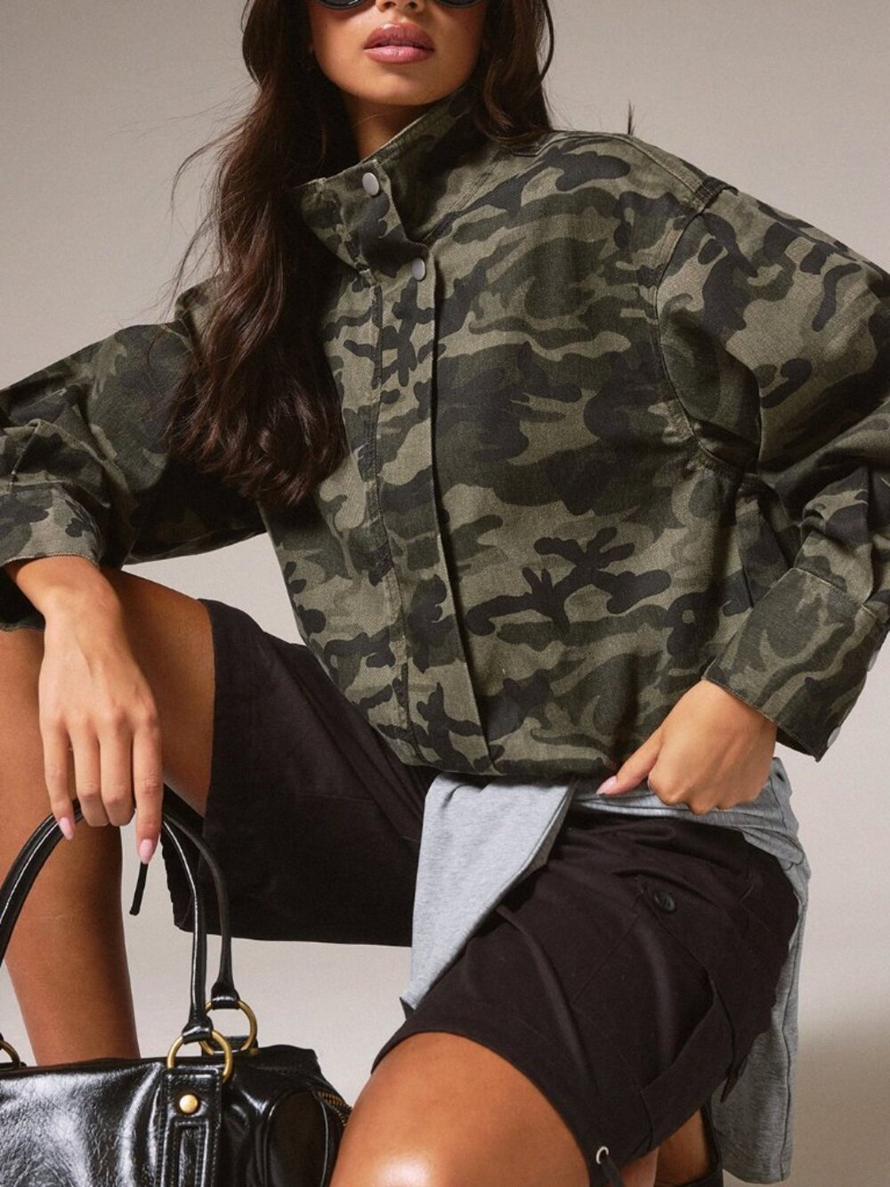Army Green Casual Women's Camo Loose Stand Up Collar Long Sleeved Jacket